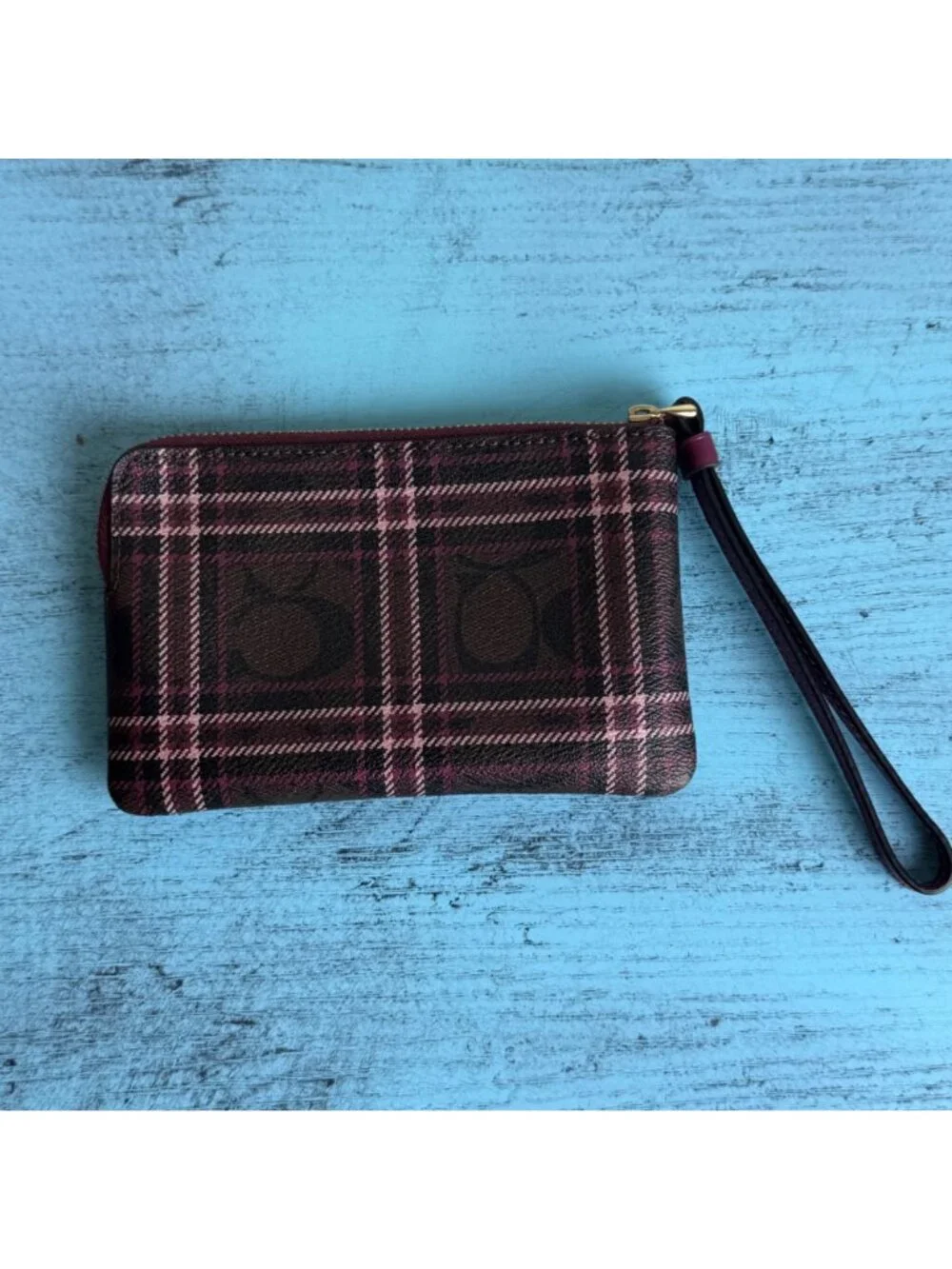 COACH Plaid Wristlet Clutch w/ Signature Logo Print In Burgundy & Pink